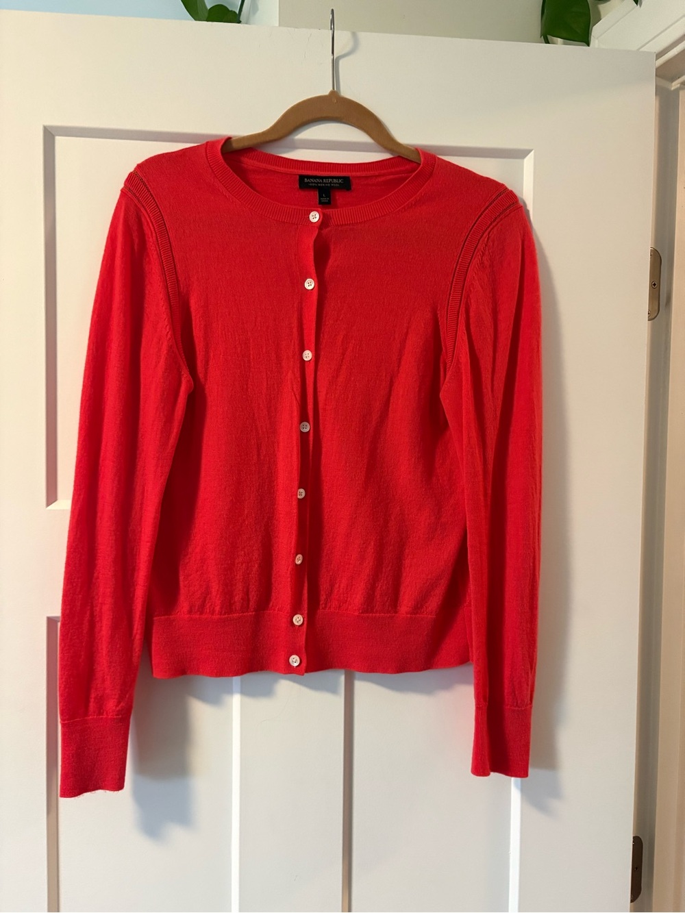 Banana Republic Coral-Red Crewneck Button-Front Cardigan, Large, 100% wool.